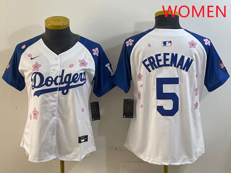 Women Los Angeles Dodgers #5 Freeman White Blue Sakura Edition 2025 Nike MLB Jersey style 1